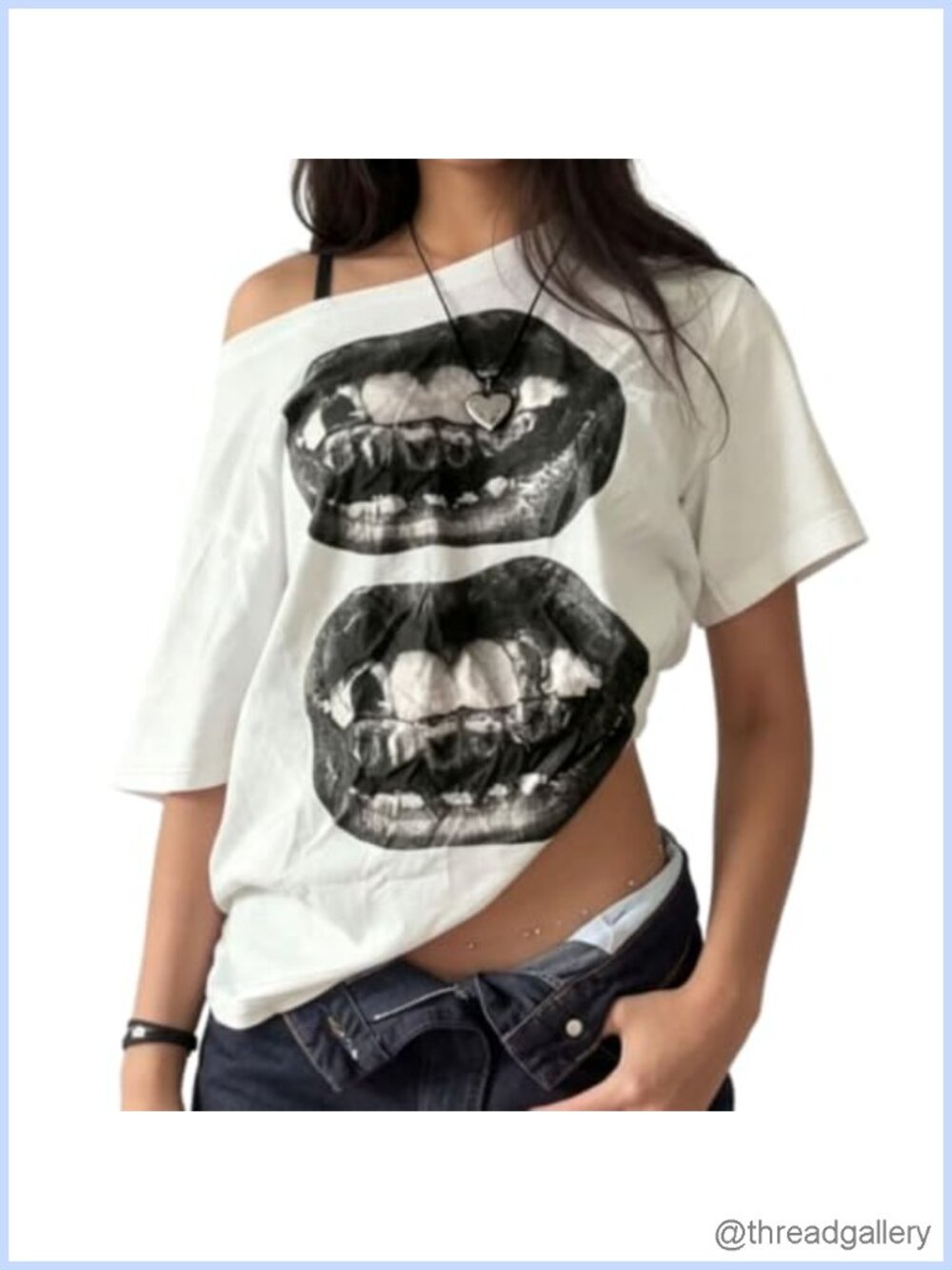 Off Shoulder Oversized Graphic T-Shirt Lips Print Y2K Vintage Top